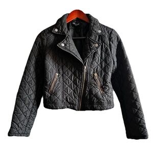 NEW LOOK Quilted Moto Bomber Jacket Black Women Juniors Size Medium